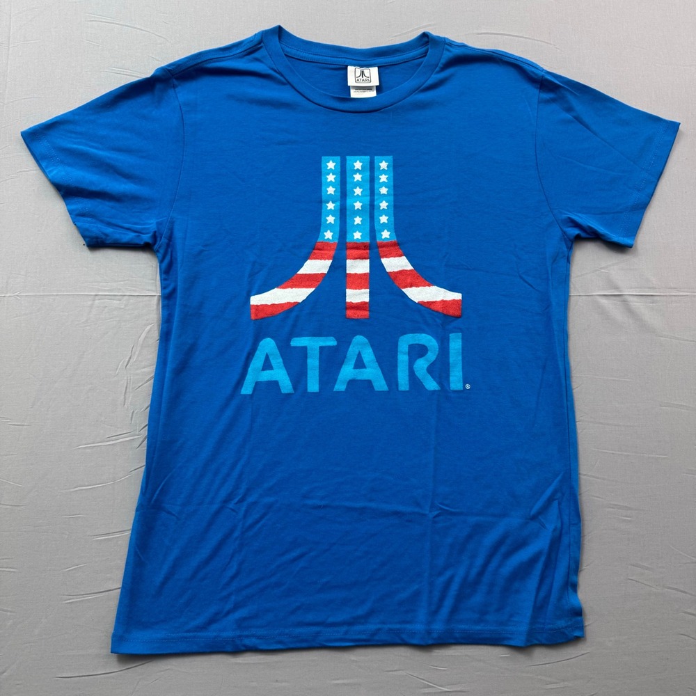Atari Graphic T-Shirt Mens XL Blue American Flag Fuji Logo Retro Gaming Tee